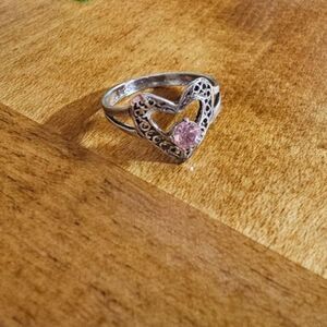 925 Silver Filigree Open Heart Pink Glass Stone, Size 6.5